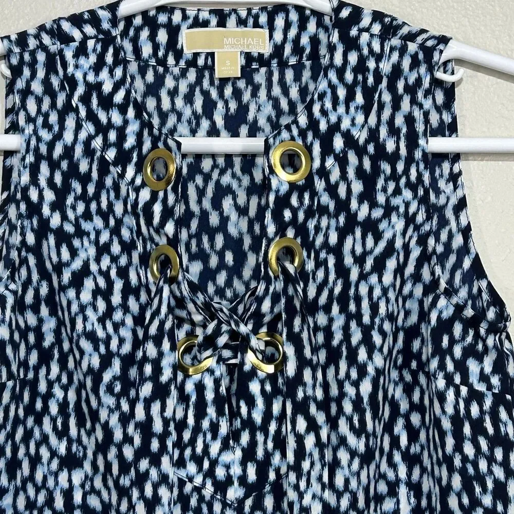 Michael Kors Top Womens S Lace Up Grommet V Neck Sleeveless Blue Abstract Print
